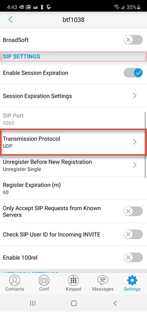 Image: SIP settings tranmission protocol